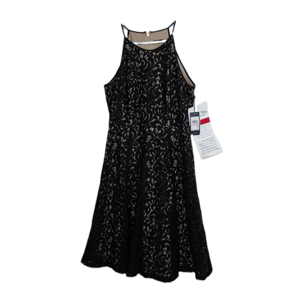 NWT Tommy Hilfiger A-Line Dress Women's 6 Nude w/ Black Lace Overlay Sleeveless